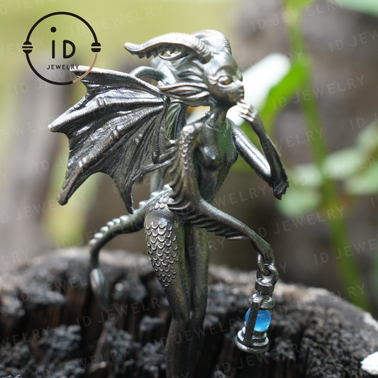 Dragon Girl Pendant – Fantasy Winged Creature Jewelry with Green Chalcedony, Handmade Gothic Fairy Charm, Mythical Lantern Design