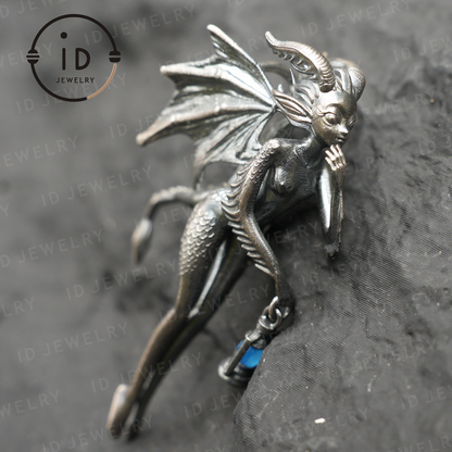 Dragon Girl Pendant – Fantasy Winged Creature Jewelry with Green Chalcedony, Handmade Gothic Fairy Charm, Mythical Lantern Design