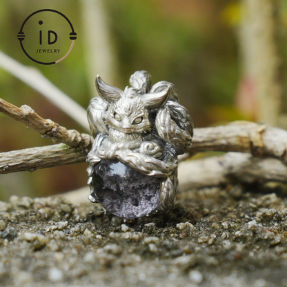 Mystic Fox Pendant with Phantom Quartz, Handmade Protective Amulet, Fantasy Animal Jewelry, Enchanted Spirit Totem Necklace