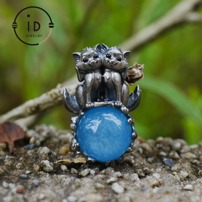 Fox Totem Pendant with Aquamarine, Fantasy Animal Amulet Necklace, Handcrafted Spirit Jewelry, Twin Guardian Design
