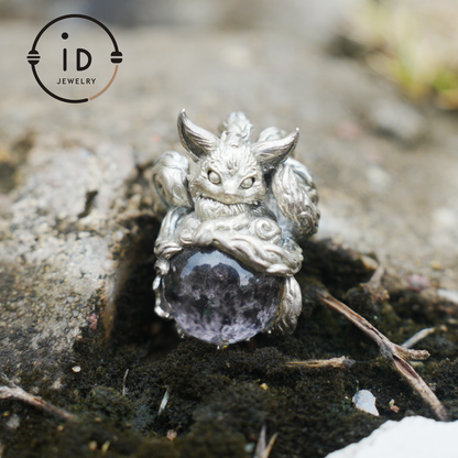 Mystic Fox Pendant with Phantom Quartz, Handmade Protective Amulet, Fantasy Animal Jewelry, Enchanted Spirit Totem Necklace