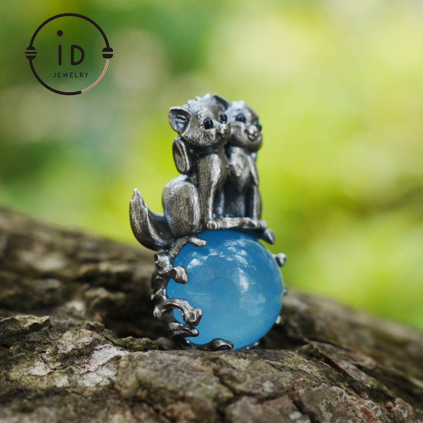 Fox Totem Pendant with Aquamarine, Fantasy Animal Amulet Necklace, Handcrafted Spirit Jewelry, Twin Guardian Design
