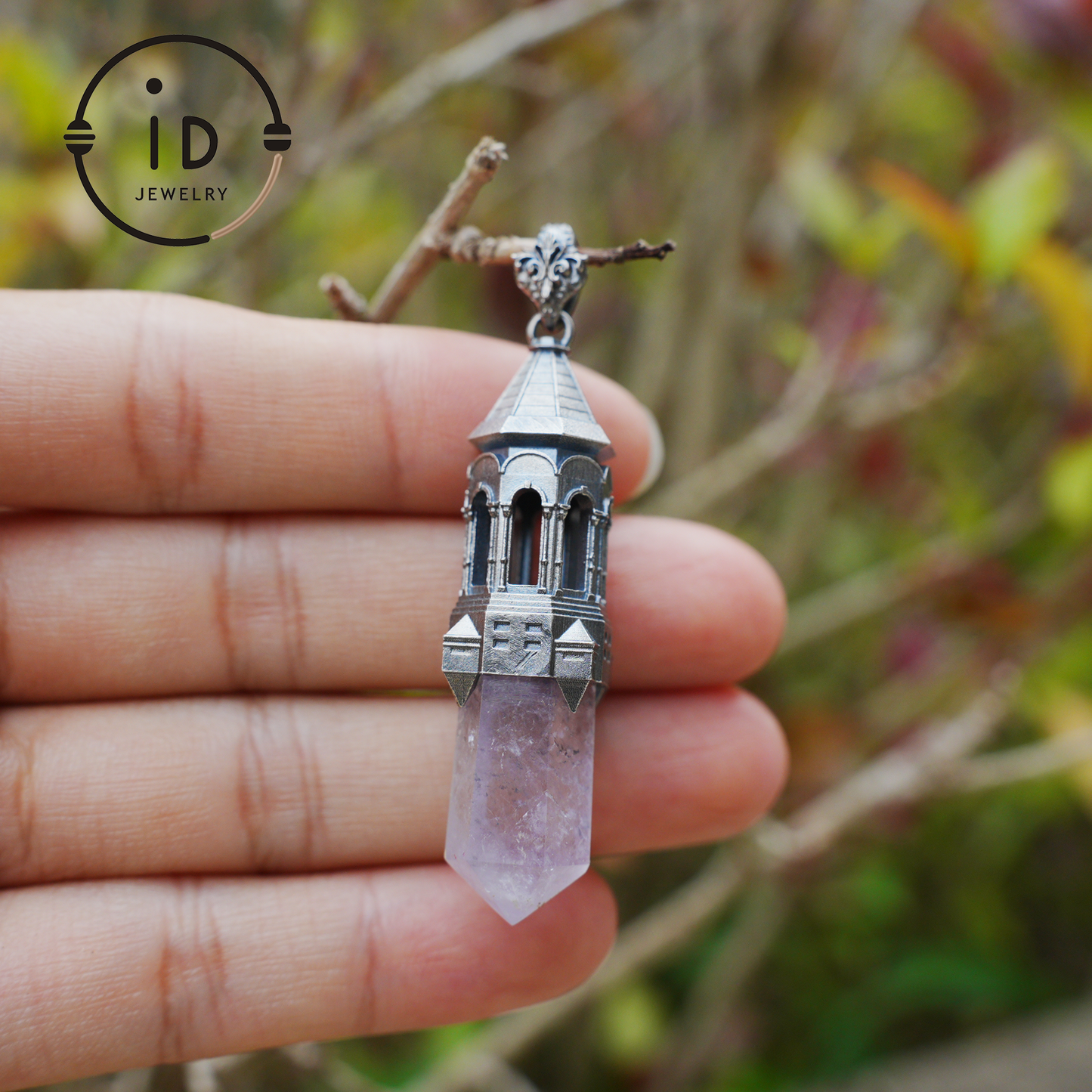 Amethyst Pendant 925 Silver, Gothic Tower Necklace, Statement Jewelry Totem Talisman, Gift for Her, Birthday Jewelry Idea
