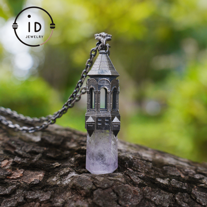 Amethyst Pendant 925 Silver, Gothic Tower Necklace, Statement Jewelry Totem Talisman, Gift for Her, Birthday Jewelry Idea