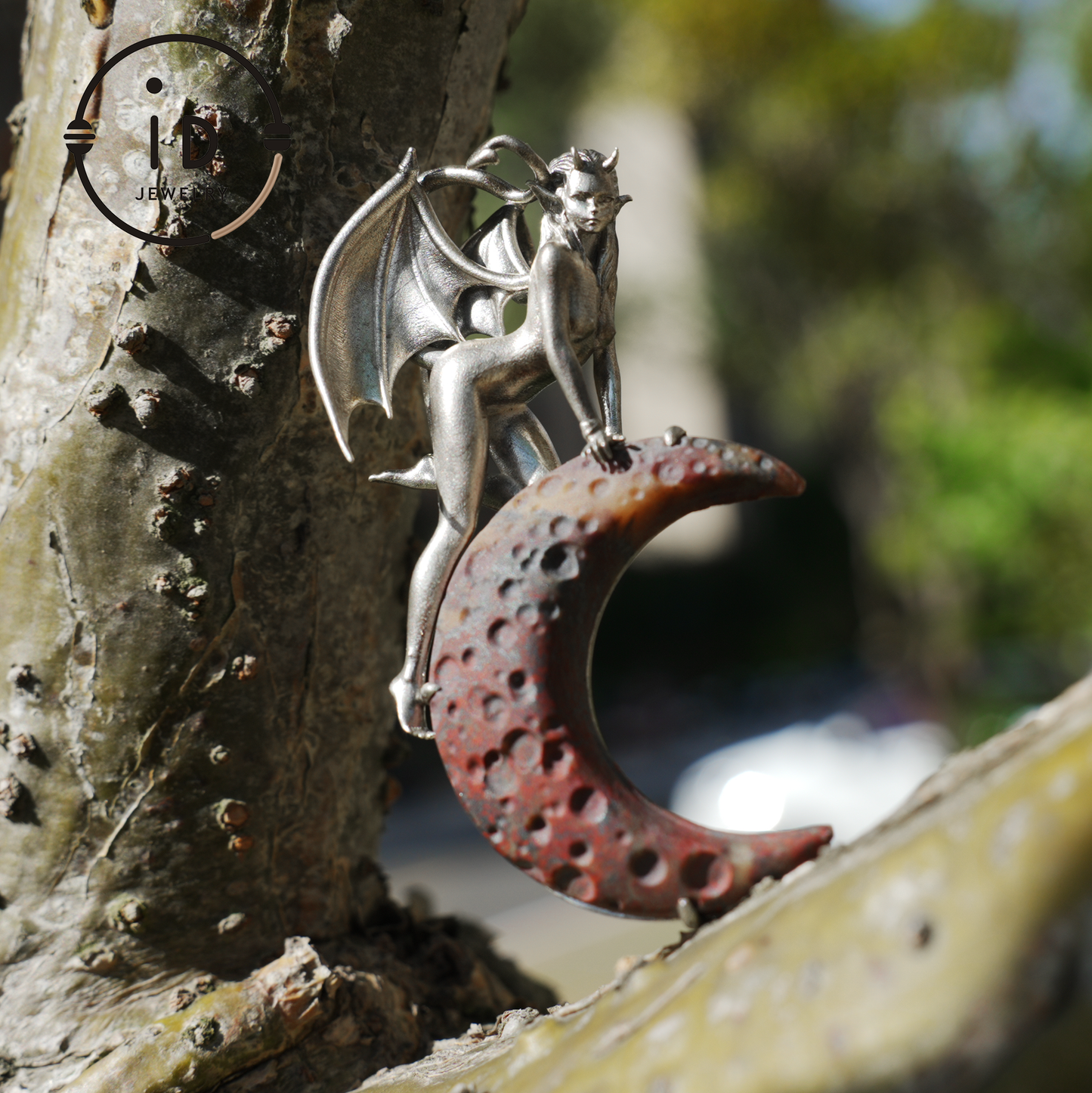 Hand-Carved 925 Silver Succubus Pendant | Blood Moon & Bloodstone Crescent | Winged Demon Gothic Protection Talisman | Perfect Gothic Gift