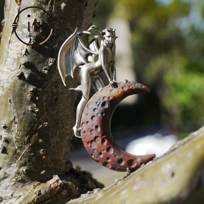 Hand-Carved 925 Silver Succubus Pendant | Blood Moon & Bloodstone Crescent | Winged Demon Gothic Protection Talisman | Perfect Gothic Gift