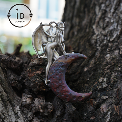 Hand-Carved 925 Silver Succubus Pendant | Blood Moon & Bloodstone Crescent | Winged Demon Gothic Protection Talisman | Perfect Gothic Gift