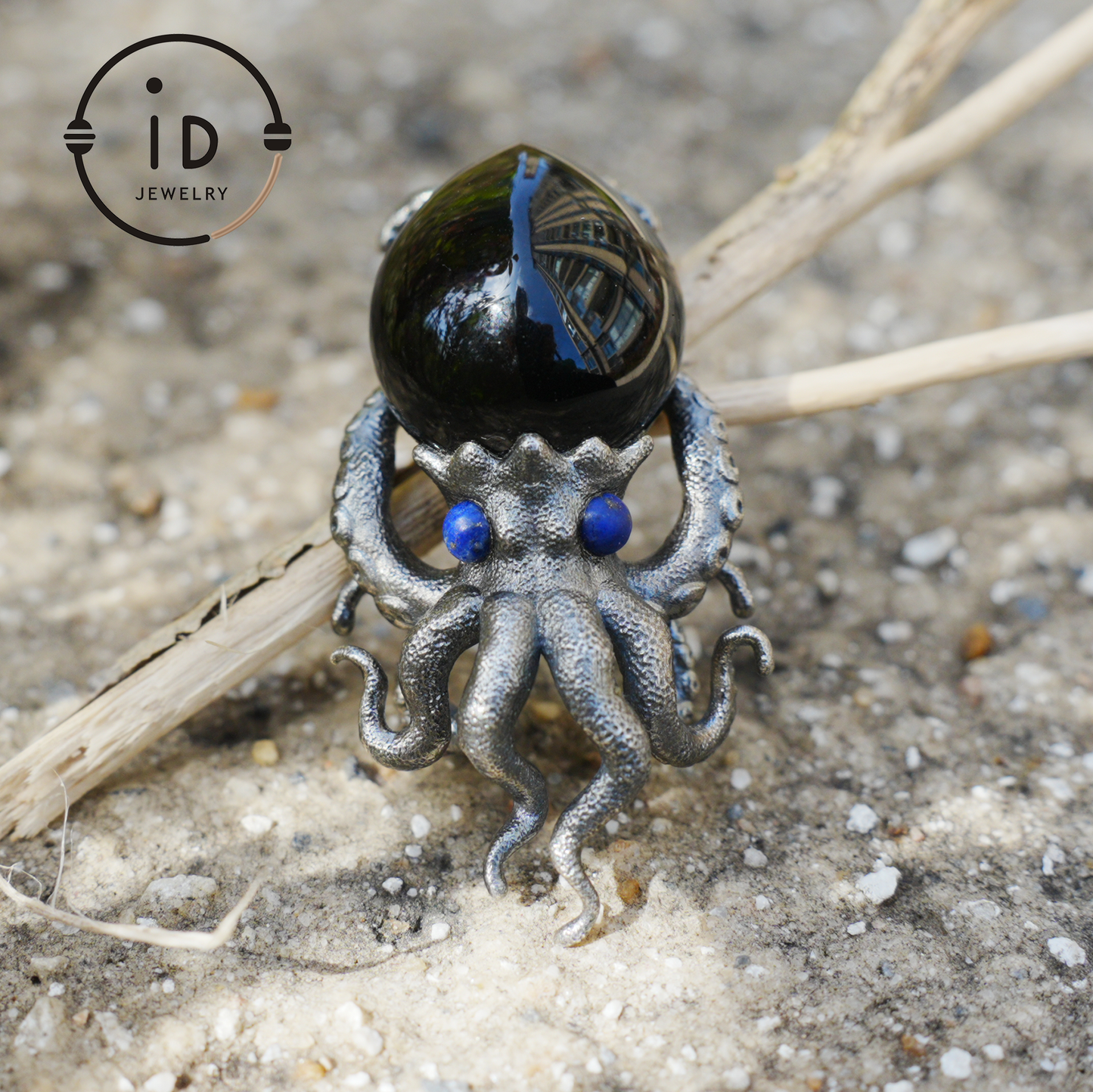 Gothic pendant with black obsidian and lapis lazuli made of 925 silver in totem style for women gift birthday necklace