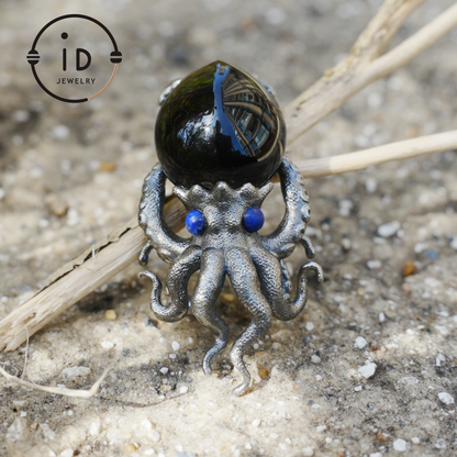Gothic pendant with black obsidian and lapis lazuli made of 925 silver in totem style for women gift birthday necklace