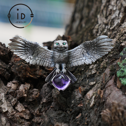 Spread-Wing Owl Necklace｜Animal Totem Amulet｜925 Sterling Silver, Hand-Carved｜Winged Design｜Nature-Themed Necklace