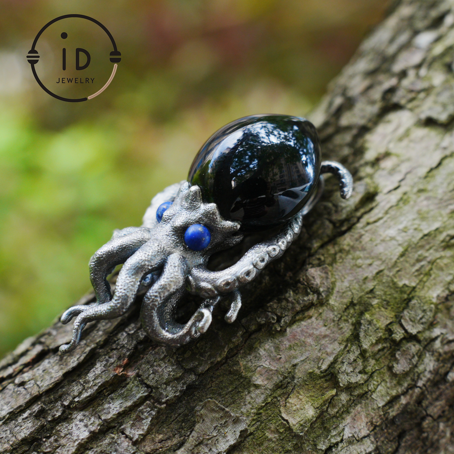 Gothic pendant with black obsidian and lapis lazuli made of 925 silver in totem style for women gift birthday necklace