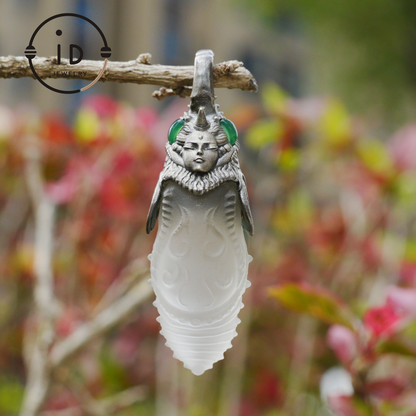Carved Rock Crystal Pendant in 925 Silver with Green Chalcedony in Gothic Totem Style, Gift for Her or Spiritual Jewelry Lovers