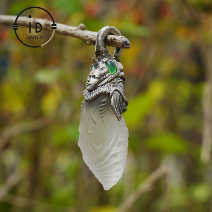Carved Rock Crystal Pendant in 925 Silver with Green Chalcedony in Gothic Totem Style, Gift for Her or Spiritual Jewelry Lovers
