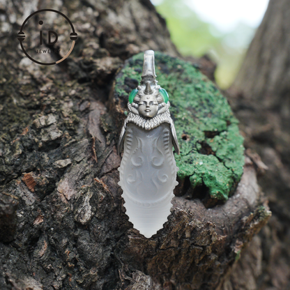 Carved Rock Crystal Pendant in 925 Silver with Green Chalcedony in Gothic Totem Style, Gift for Her or Spiritual Jewelry Lovers