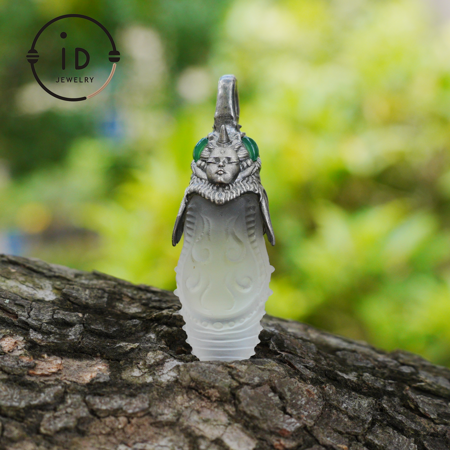 Carved Rock Crystal Pendant in 925 Silver with Green Chalcedony in Gothic Totem Style, Gift for Her or Spiritual Jewelry Lovers