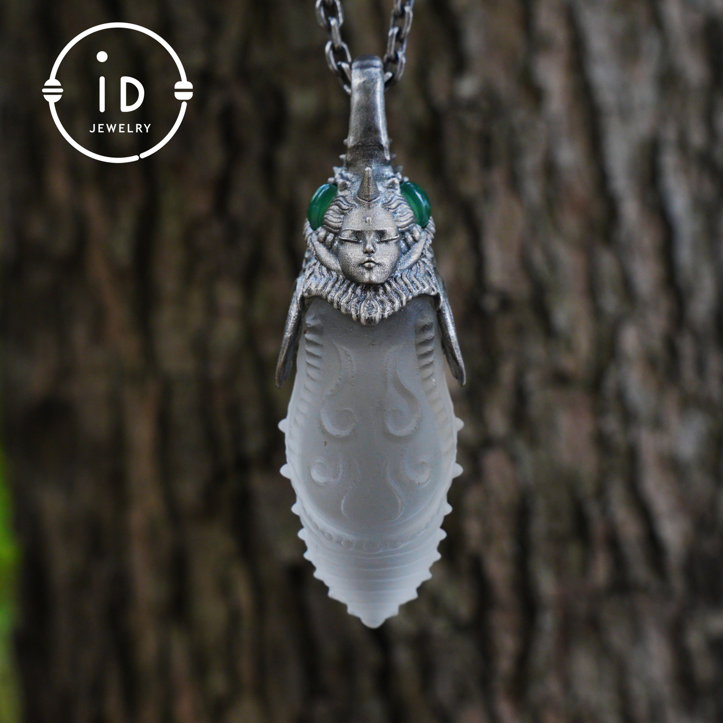 Carved Rock Crystal Pendant in 925 Silver with Green Chalcedony in Gothic Totem Style, Gift for Her or Spiritual Jewelry Lovers