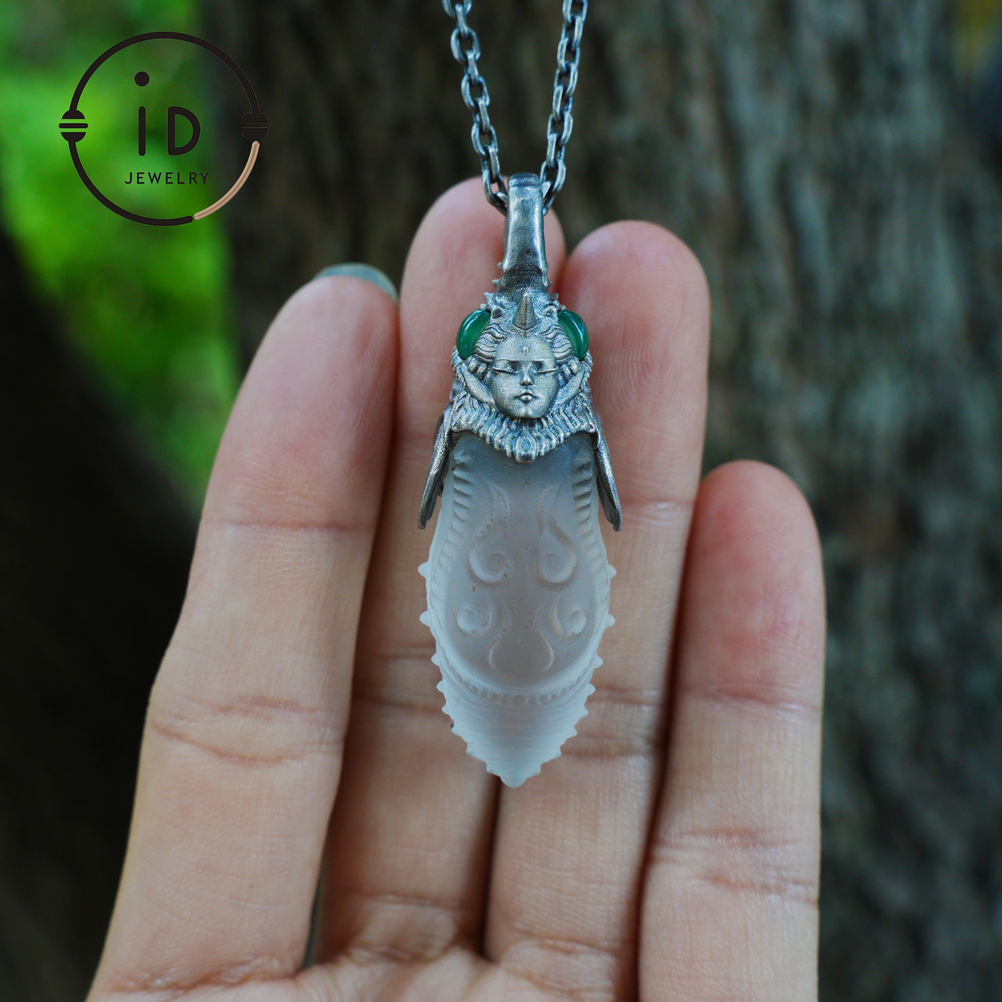 Carved Rock Crystal Pendant in 925 Silver with Green Chalcedony in Gothic Totem Style, Gift for Her or Spiritual Jewelry Lovers