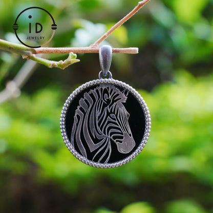 Wildlife Zebra Totem Necklace | 925 Sterling Silver Handcrafted Relief Medallion | Black-White Minimal Unisex Pendant | Double-Sided Design