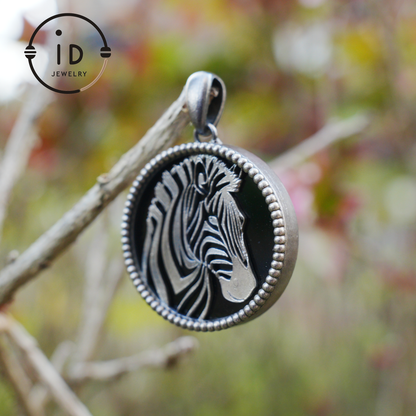 Wildlife Zebra Totem Necklace | 925 Sterling Silver Handcrafted Relief Medallion | Black-White Minimal Unisex Pendant | Double-Sided Design
