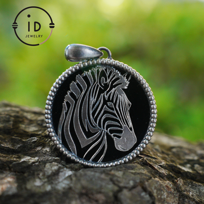 Wildlife Zebra Totem Necklace | 925 Sterling Silver Handcrafted Relief Medallion | Black-White Minimal Unisex Pendant | Double-Sided Design