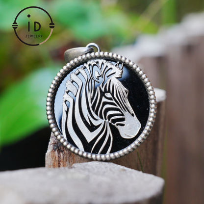 Wildlife Zebra Totem Necklace | 925 Sterling Silver Handcrafted Relief Medallion | Black-White Minimal Unisex Pendant | Double-Sided Design