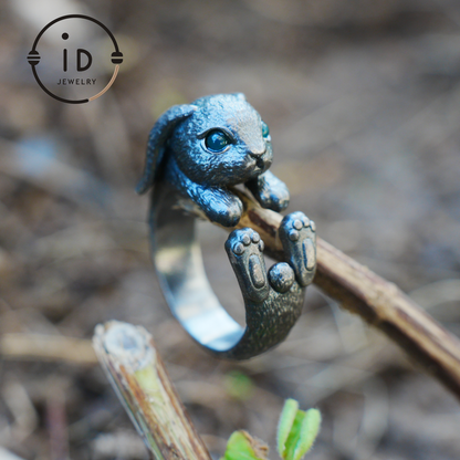 Handcrafted Rabbit Ring with Green Zircon, Spring Awakening Symbol, Unique Silver Jewelry