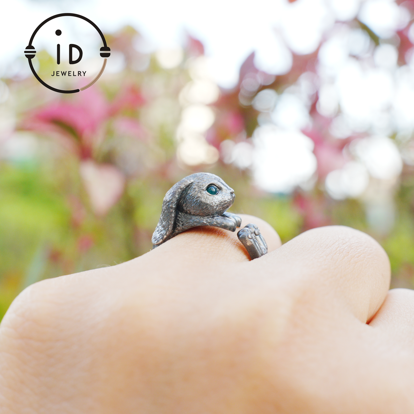 Handcrafted Rabbit Ring with Green Zircon, Spring Awakening Symbol, Unique Silver Jewelry