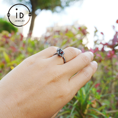 Rose Ring with Blood Red Stone, Gothic Vow Jewelry, Handmade Fantasy Amulet of Thorns and Oath, Symbolic Rose Design