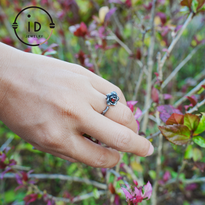 Rose Ring with Blood Red Stone, Gothic Vow Jewelry, Handmade Fantasy Amulet of Thorns and Oath, Symbolic Rose Design