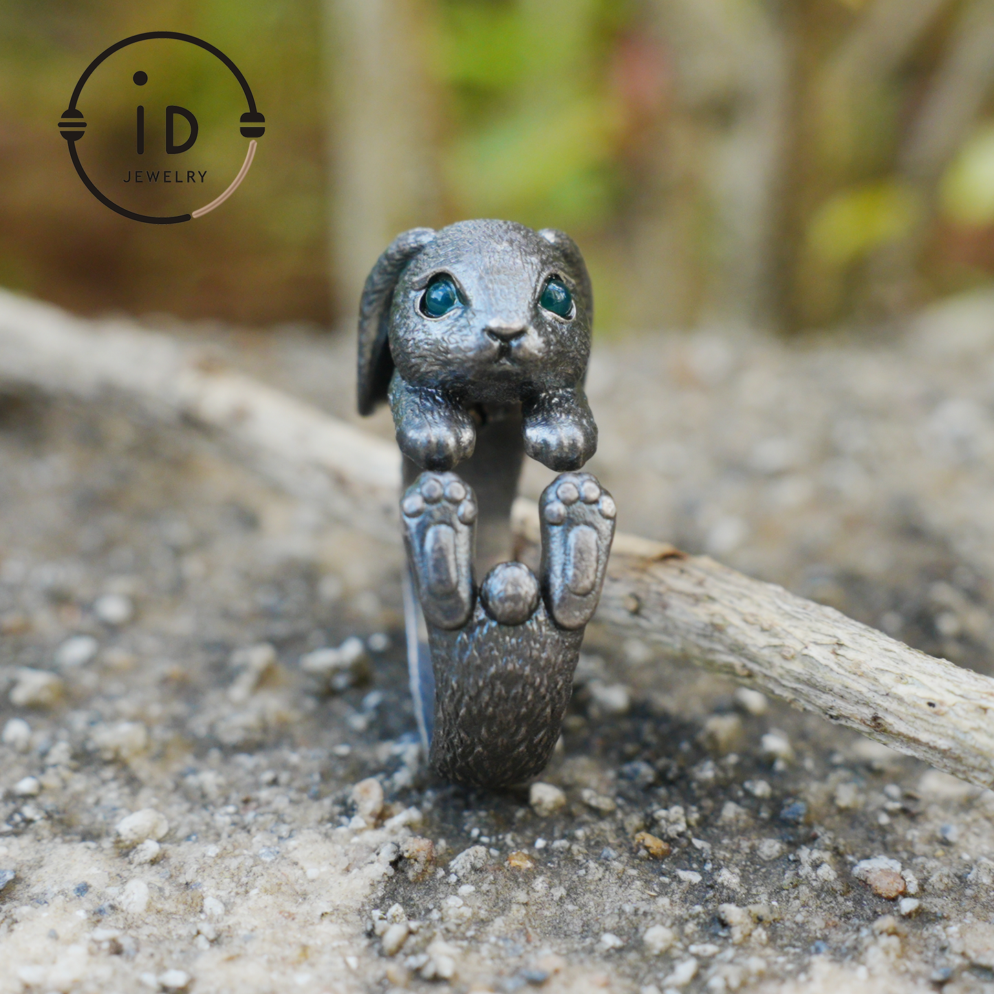 Handcrafted Rabbit Ring with Green Zircon, Spring Awakening Symbol, Unique Silver Jewelry