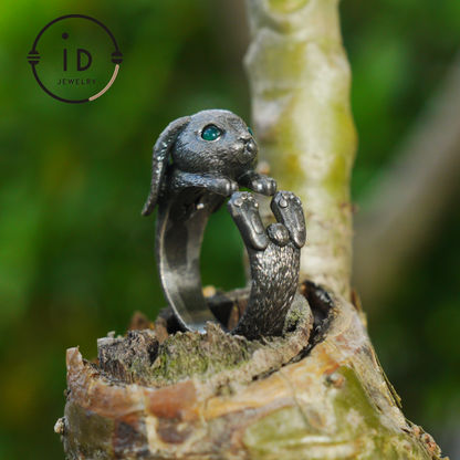 Handcrafted Rabbit Ring with Green Zircon, Spring Awakening Symbol, Unique Silver Jewelry