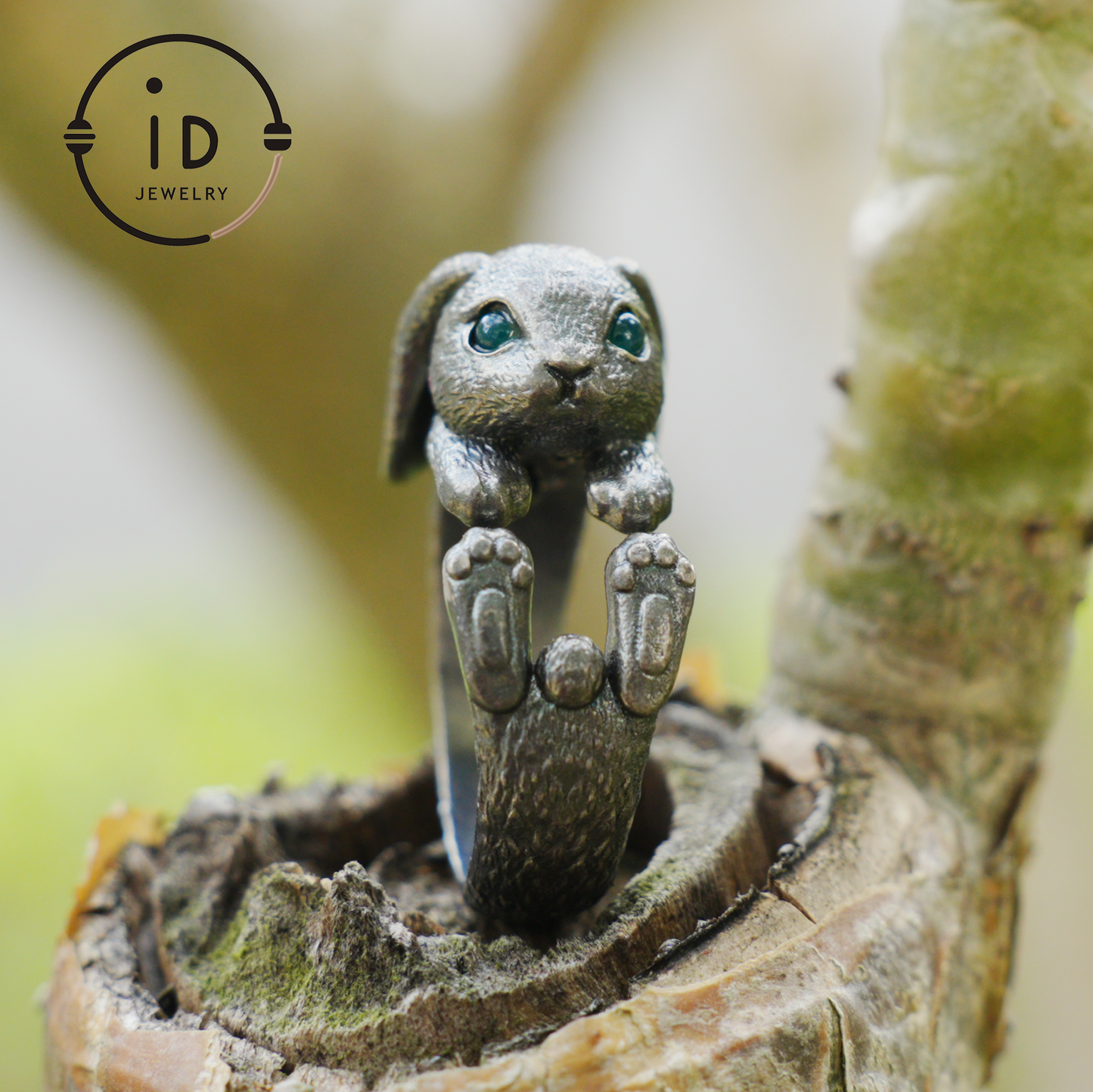 Handcrafted Rabbit Ring with Green Zircon, Spring Awakening Symbol, Unique Silver Jewelry