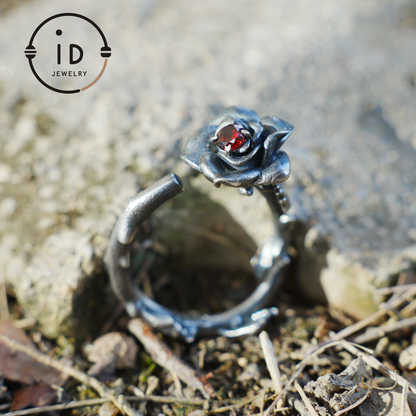 Rose Ring with Blood Red Stone, Gothic Vow Jewelry, Handmade Fantasy Amulet of Thorns and Oath, Symbolic Rose Design