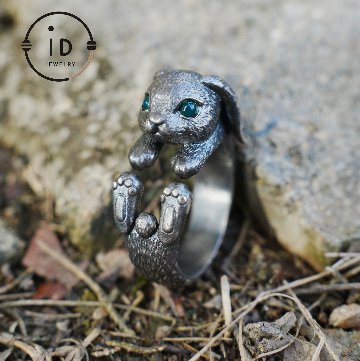 Handcrafted Rabbit Ring with Green Zircon, Spring Awakening Symbol, Unique Silver Jewelry