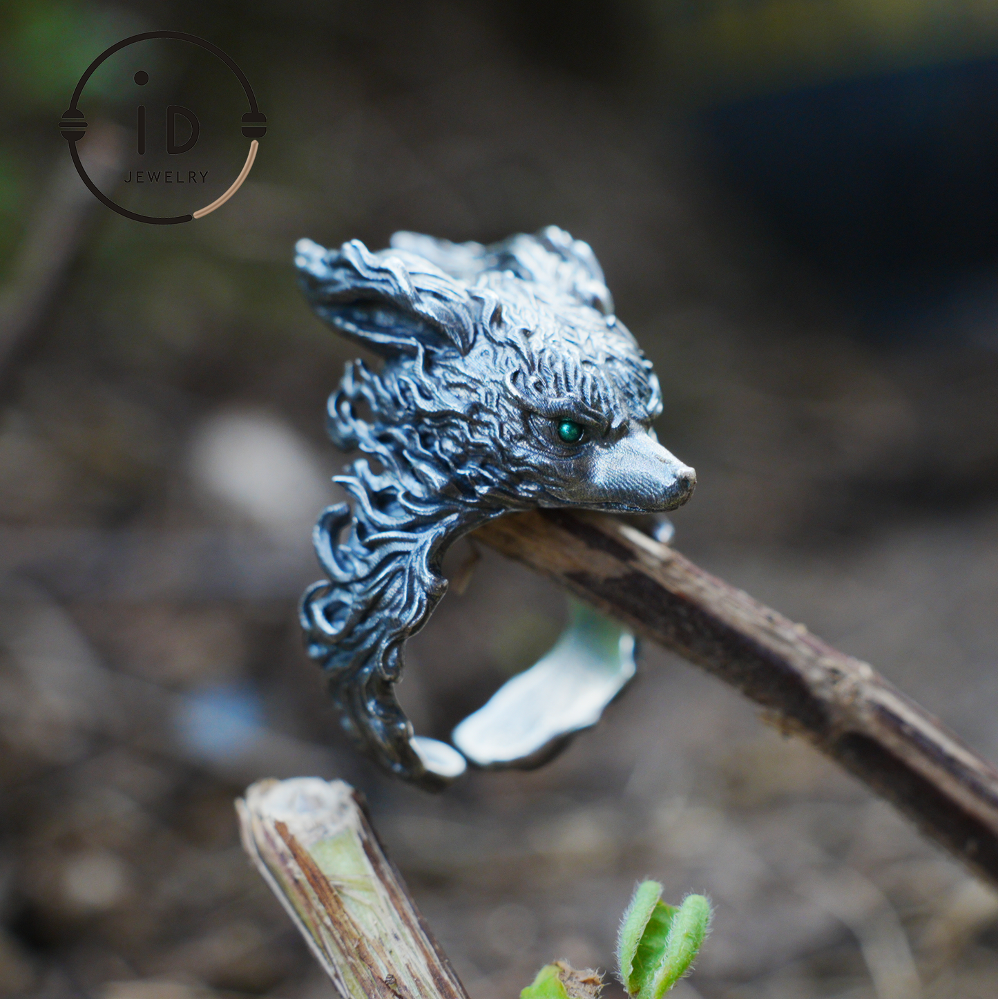 Fox Totem Ring with Green Zircon Eyes, Forest Guardian Amulet, Handmade Animal Jewelry, Mythic Protection Symbol