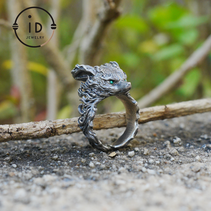 Fox Totem Ring with Green Zircon Eyes, Forest Guardian Amulet, Handmade Animal Jewelry, Mythic Protection Symbol