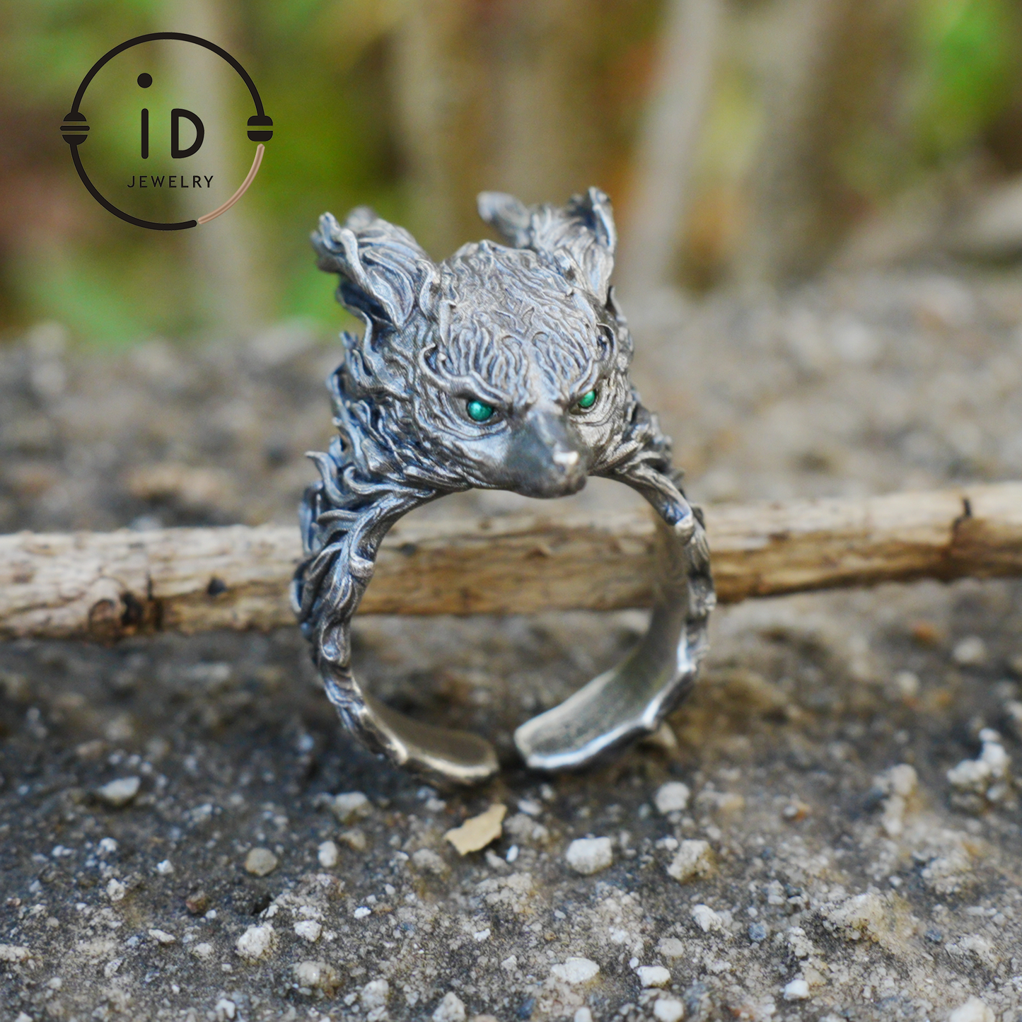 Fox Totem Ring with Green Zircon Eyes, Forest Guardian Amulet, Handmade Animal Jewelry, Mythic Protection Symbol