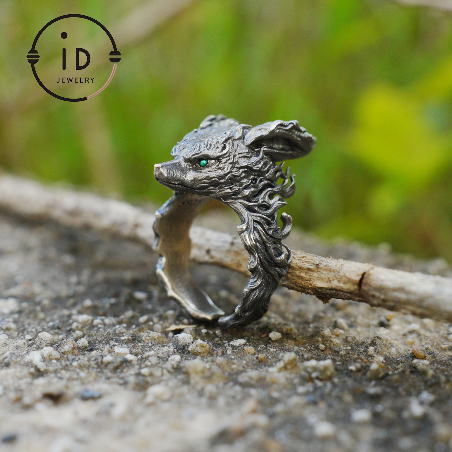 Fox Totem Ring with Green Zircon Eyes, Forest Guardian Amulet, Handmade Animal Jewelry, Mythic Protection Symbol