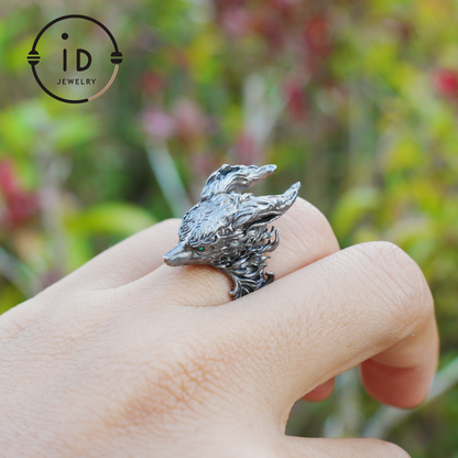 Fox Totem Ring with Green Zircon Eyes, Forest Guardian Amulet, Handmade Animal Jewelry, Mythic Protection Symbol