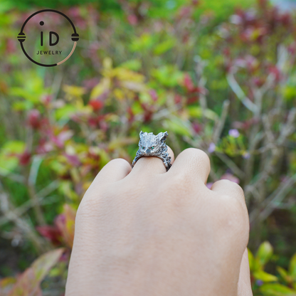 Fox Totem Ring with Green Zircon Eyes, Forest Guardian Amulet, Handmade Animal Jewelry, Mythic Protection Symbol