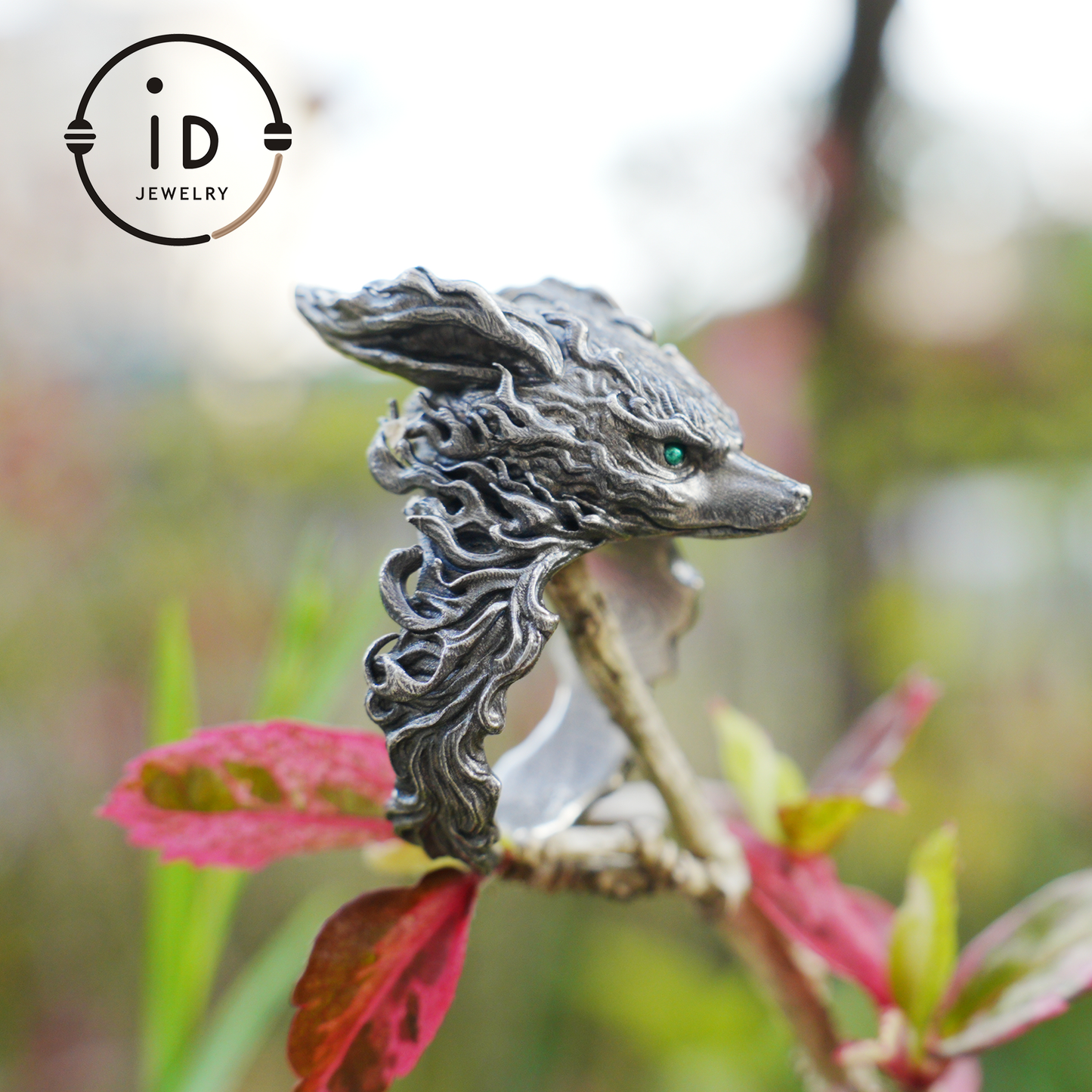 Fox Totem Ring with Green Zircon Eyes, Forest Guardian Amulet, Handmade Animal Jewelry, Mythic Protection Symbol