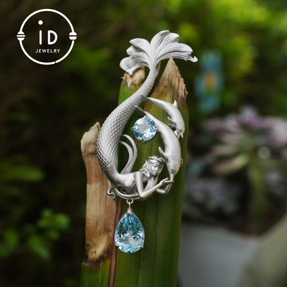 Traumhafter Ozean-Meerjungfrau-Anhänger - 925er Silber mit Aquamarin | Handgefertigter Fantasy-Schmuck
