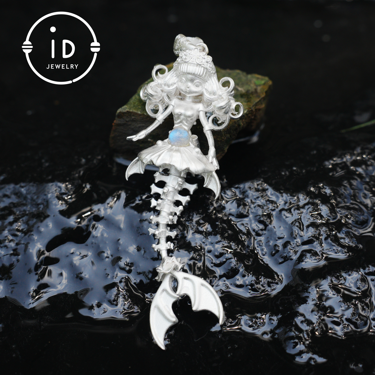 Hand-Carved Mermaid Skeleton Pendant Necklace | Mermaid Bones + Labradorite Flash | Handmade 925 Sterling Silver Amulet Ocean-Theme Necklace