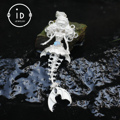 Hand-Carved Mermaid Skeleton Pendant Necklace | Mermaid Bones + Labradorite Flash | Handmade 925 Sterling Silver Amulet Ocean-Theme Necklace