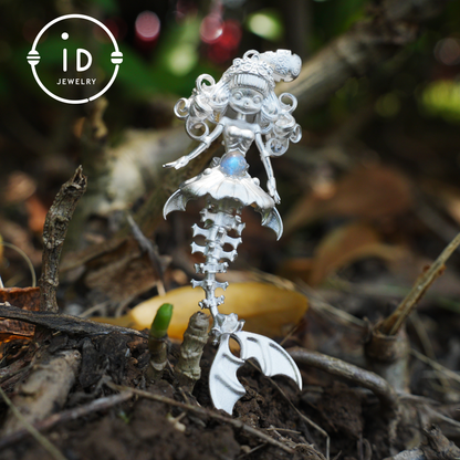 Hand-Carved Mermaid Skeleton Pendant Necklace | Mermaid Bones + Labradorite Flash | Handmade 925 Sterling Silver Amulet Ocean-Theme Necklace