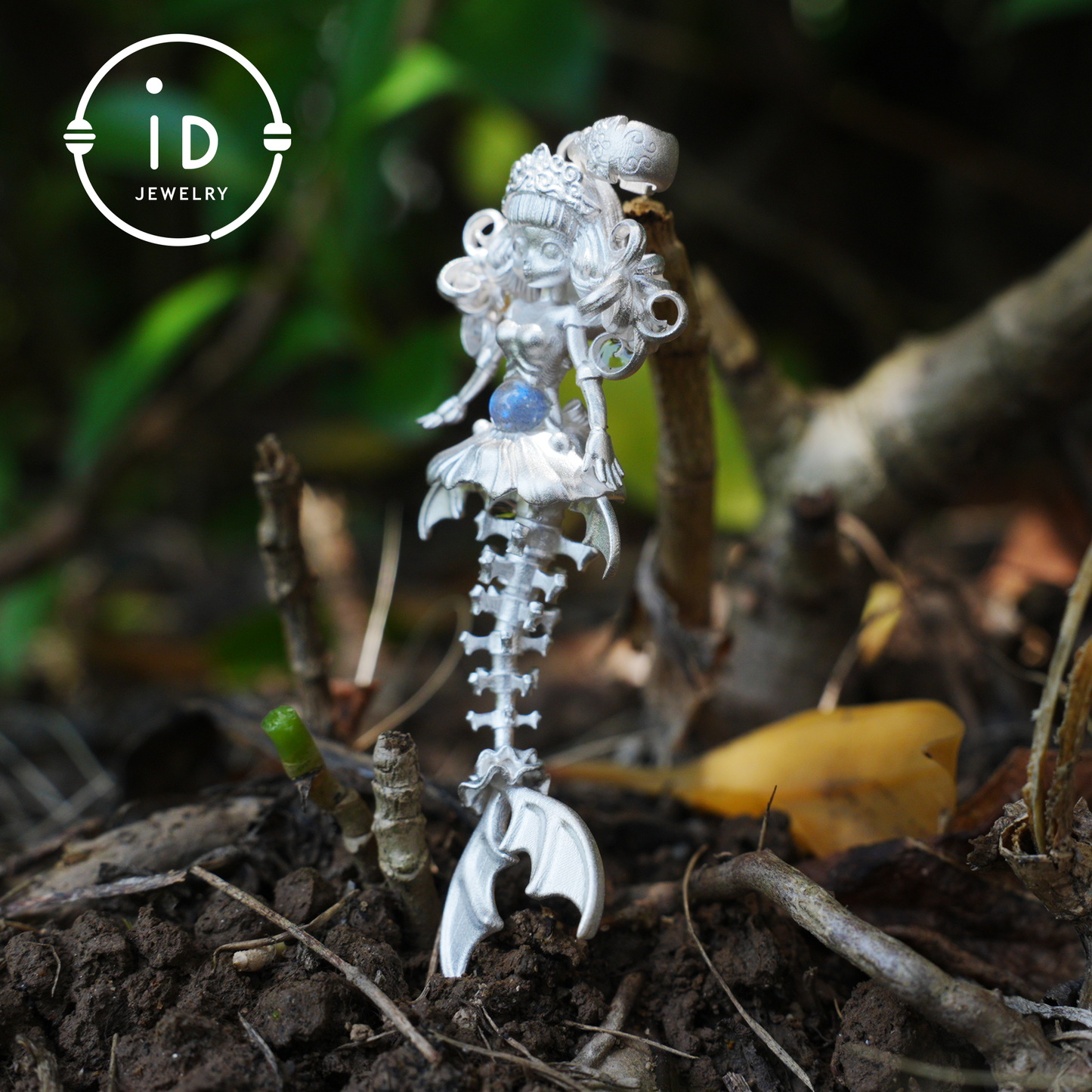 Hand-Carved Mermaid Skeleton Pendant Necklace | Mermaid Bones + Labradorite Flash | Handmade 925 Sterling Silver Amulet Ocean-Theme Necklace