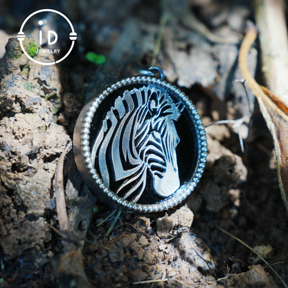 Wildlife Zebra Totem Necklace | 925 Sterling Silver Handcrafted Relief Medallion | Black-White Minimal Unisex Pendant | Double-Sided Design