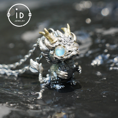 Handmade Fantasy Jewelry | Dragon Totem Necklace | Silver–Copper Bicolor Horn Crown | Labradorite Blue Eye | Handmade Gift