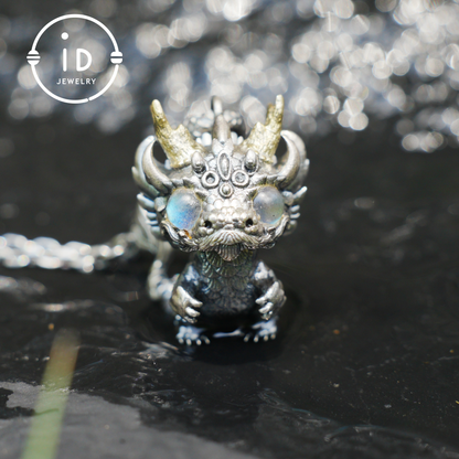 Handmade Fantasy Jewelry | Dragon Totem Necklace | Silver–Copper Bicolor Horn Crown | Labradorite Blue Eye | Handmade Gift