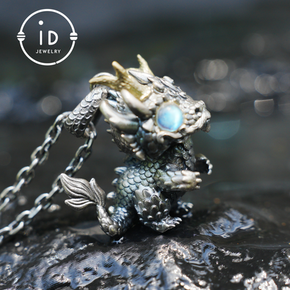 Handmade Fantasy Jewelry | Dragon Totem Necklace | Silver–Copper Bicolor Horn Crown | Labradorite Blue Eye | Handmade Gift